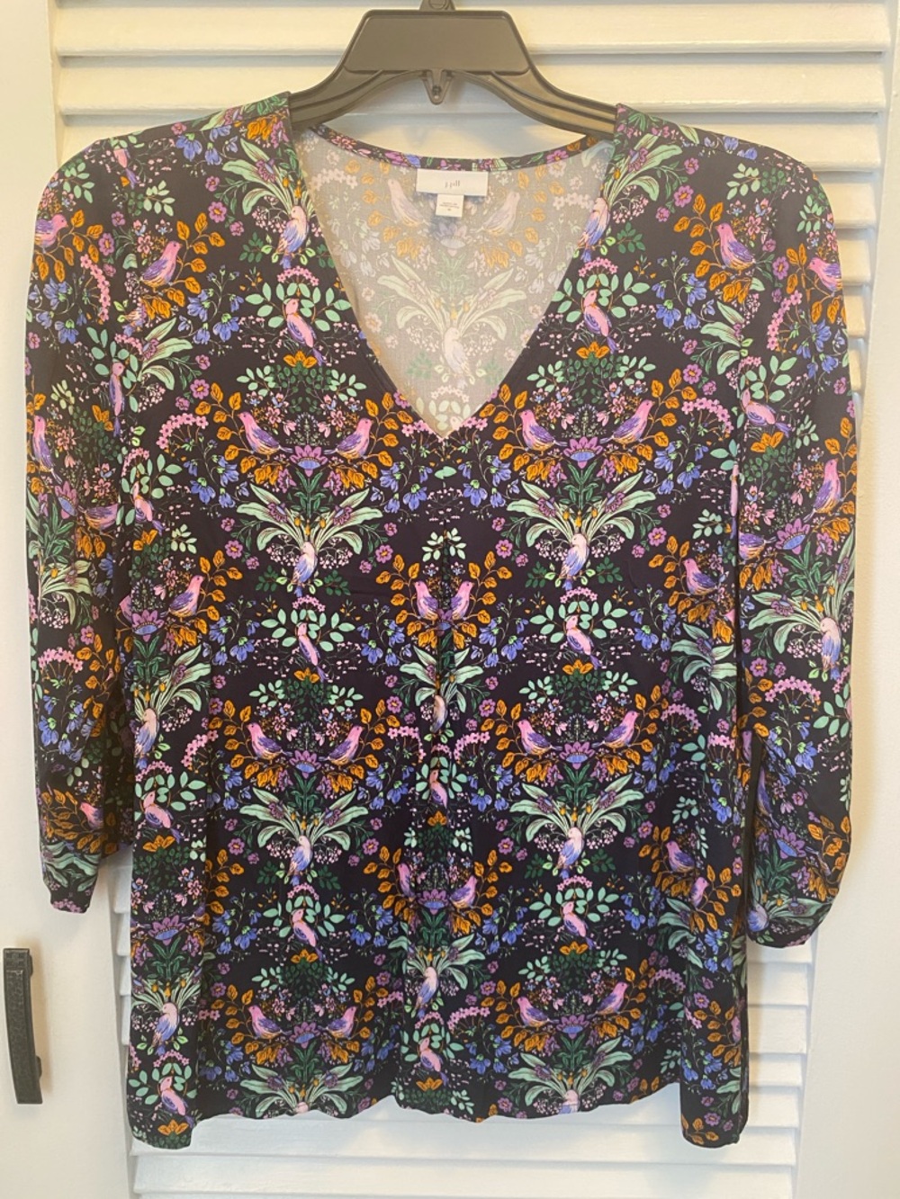 J. Jill Black V-Neck Long Sleeve Top with Purple, Green & Orange Floral Print